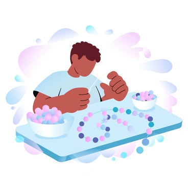 A child is sitting at a small table, focused on making candy necklaces. The table is covered with a variety of colorful candy beads arranged in neat rows. The child is stringing the beads onto a thin thread, with several completed necklaces draped over the edge of the table. Surrounding the child are small bowls filled with different shapes and hues of candy beads, creating a vibrant scene. Bright sunlight illuminates the area, casting soft shadows onto the table.