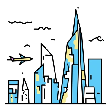 A futuristic cityscape, featuring tall, intricate skyscrapers with geometric designs and bright neon accents. The buildings have varying heights and shapes, creating a dynamic skyline. Several flying vehicles can be seen soaring through the air, designed with sleek, aerodynamic forms and glowing lights. The setting includes a clear sky with a few scattered clouds, allowing for a panoramic view of the advanced city structure.