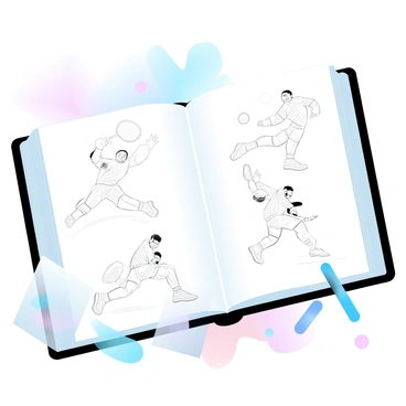 An open sketchbook is placed on a wooden table, showing a variety of detailed pencil sketches. Each sketch captures different tennis players in dynamic poses, showcasing their athleticism and movement. One sketch features a player serving, their racket raised high with a visible ball in mid-air. Another sketch depicts a player lunging to make a backhand shot, with lines indicating swift motion. The pages of the sketchbook are slightly yellowed, adding character, and a few loose sheets with additional sketches are scattered nearby. The background features soft, gradient pastel colors that enhance the focus on the artwork.