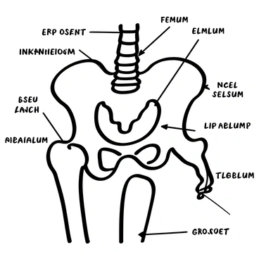 An anatomical illustration of the human hip joint is displayed, prominently featuring the "ball and socket" structure. The illustration details the femur's spherical head articulating with the acetabulum of the pelvis. Surrounding elements include various muscles and ligaments associated with the hip joint, clearly labeled for educational purposes. The overall composition provides a comprehensive view of the joint's anatomy, highlighting the connection between the skeletal and muscular systems.