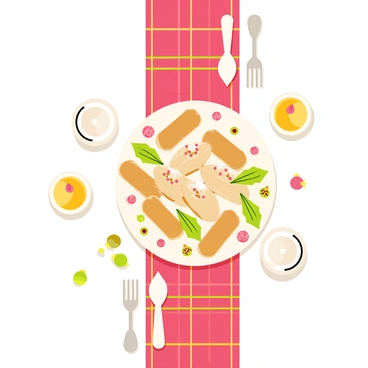 A table setting for winter with a white tablecloth and a red and green plaid table runner. The table is adorned with silver cutlery and clear glassware. In the center, there is a large, circular platter filled with several "cannoli" that are dusted with powdered sugar and topped with festive red and green sprinkles. Surrounding the platter, there are small holiday-themed decorations, such as "miniature pinecones" and "sprigs of holly." Softly glowing candles in glass holders are placed at either end of the table, casting warm light over the setting. "Holiday ornaments" are scattered throughout the table, adding color and cheer.