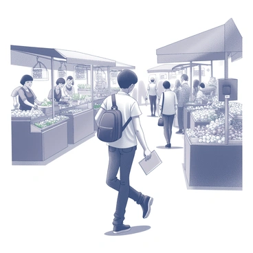 An illustrator is walking through a bustling marketplace with a sketchbook in hand. The illustrator is dressed in casual clothing, with a satchel slung over one shoulder, and is actively observing the vibrant stalls. Various market stands are filled with an assortment of fruits, vegetables, and handmade crafts. The scene includes different people interacting: vendors calling out to customers, children playing nearby, and shoppers browsing the colorful displays. The illustrator pauses to sketch a particular scene that catches their eye, capturing the lively atmosphere of the marketplace.