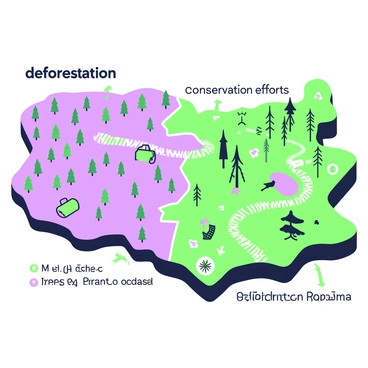An illustrated map displays various regions impacted by deforestation and ongoing conservation efforts. The left side features a large area marked with "deforestation," depicting dense tree cover with stumps and bald patches. Small icons represent logging equipment scattered throughout this section. On the right side, a vibrant area is labeled "conservation efforts." This section shows flourishing forests with a variety of trees and wildlife such as birds and small mammals. Pathways connect the two sides, indicating boundaries of the affected areas. Additionally, symbols for community gardens and reforestation projects are present in the conservation section, indicating active efforts to restore natural habitats.