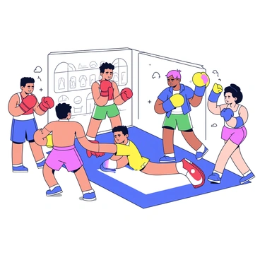 A group of boxers in a circuit training session, each working on different stations