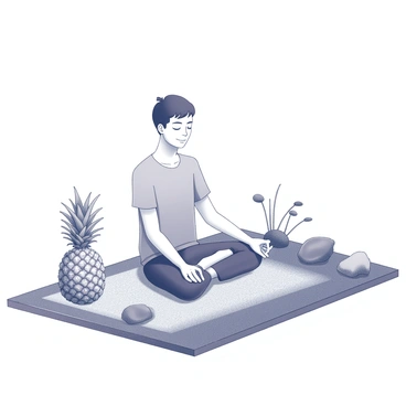 A serene scene of a person meditating with a pineapple beside them in a zen garden