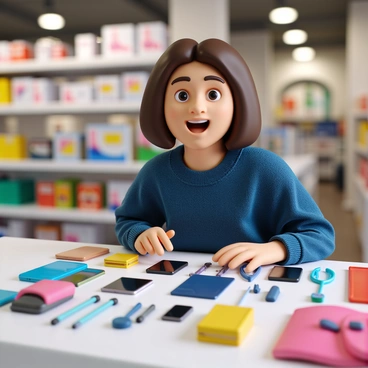 A customer with medium-length brown hair and wearing a casual blue sweater stands in a well-lit store. She has an expression of excitement on her face, with wide eyes and a big smile. In front of her is a display of new products, including colorful gadgets and trendy accessories. The customer leans slightly forward, her hands resting on the edge of the display as she eagerly examines the items. The background includes blurred shelves filled with various merchandise, enhancing the focus on the customer and the new products.
