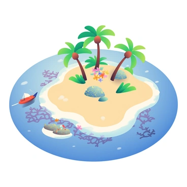 A bird's eye view of a tropical island is depicted, showcasing lush green palm trees and vibrant, multicolored flowers scattered across the sandy landscape. The island is surrounded by clear, azure waters that shimmer under the sunlight. In the surrounding sea, intricate coral reefs are visible just below the surface, featuring varying shades of purple, orange, and blue. The gentle waves create white frothy edges as they lap against the pristine beach. A small boat can be seen near the edge of the island, with a red sail billowing in the wind.