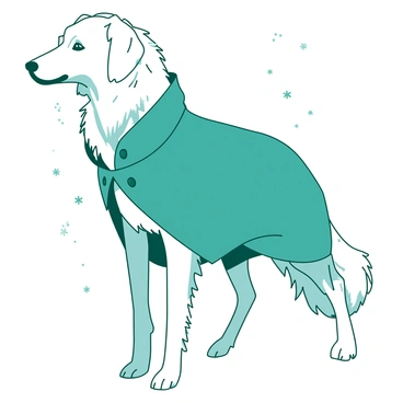 A white borzoi is wearing a fashionable teal winter coat, snugly wrapped around its body. The coat features a high collar and stylish buttons, keeping the borzoi warm and chic. Its long, elegant legs are visible beneath the coat, and the dog's fur is slightly ruffled by a gentle breeze. In the background, there are hints of falling snowflakes, creating a wintry atmosphere that complements the borzoi's attire.