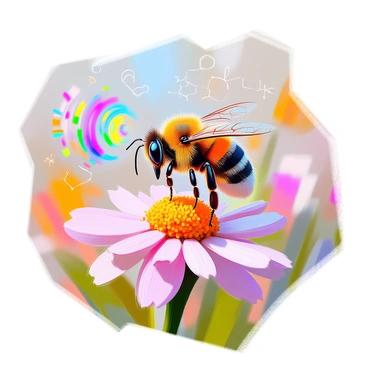 An illustration depicting a bumblebee with a focus on its antennae, which are prominently shown extending from its head. The antennae are richly detailed, showcasing their segmented structure. Surrounding the bumblebee are visual representations of various sensory functions, such as scent molecules illustrated as colorful, swirling waves emanating from flowers. There are also illustrations of sound waves depicted as gentle ripples near the bee. The setting features a vibrant garden filled with flowers, emphasizing the environment in which the bumblebee operates. The bumblebee is captured mid-flight, with its wings slightly blurred to convey motion.