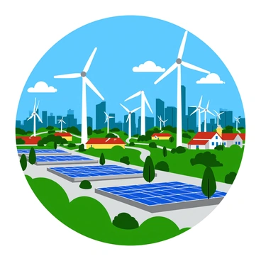 A green energy grid featuring several tall wind turbines with spinning blades set against a bright blue sky. Below, solar panels glisten under the sunlight, arranged neatly on rooftops of various buildings in a bustling city. The cityscape includes a mixture of modern skyscrapers and smaller residential homes, all connected by winding roads. In the foreground, a few trees can be seen, adding touches of nature to the urban environment. The scene conveys a sense of harmony between technology and nature.