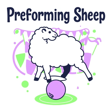 A vintage circus poster features a performing sheep skillfully balancing on a tiny ball. The sheep has a fluffy coat, with its legs positioned carefully to maintain balance. Below the ball, there is a small, colorful ring that adds to the circus theme. In the background, elements such as banners and other circus paraphernalia are visible, enhancing the lively atmosphere of the scene. Above the sheep, the text "Performing Sheep" is prominently displayed in a bold font.