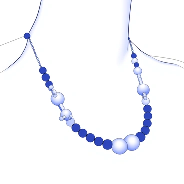 A necklace with beads shaped as water molecules hanging elegantly around a neck