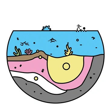 An illustration depicting the Earth's layers as seen from the ocean floor. The surface layer shows a blue ocean with various marine life, including a colorful coral reef and small fish swimming. Beneath the ocean, the layers of Earth are visible, including the crust, mantle, outer core, and inner core. The crust is depicted in shades of brown and gray, while the mantle displays a rich red hue. The outer core is illustrated with flowing yellow and orange tones, and the inner core is represented in bright white. Small marine animals such as starfish and sea anemones are scattered throughout the ocean floor, adding vibrant detail to the scene.