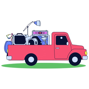 A mini-truck with a bright red color is parked on a grassy area, ready for an outdoor concert. The truck bed is filled with various band equipment and instruments. There are two large amplifiers with black and silver designs, several guitar cases stacked securely, and a drum set with a shiny chrome finish. A microphone stand with a microphone attached is leaning against the side of the truck. Colorful cables are arranged inside the truck bed, and there is a small speaker in one corner. The sky above is clear, suggesting a sunny day.