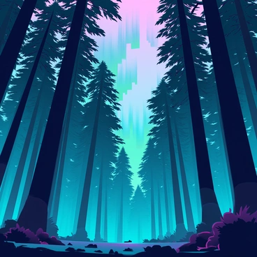 A dense forest with tall, dark green trees reaches towards the sky. The canopy is thick, allowing only patches of light to filter through. The sky above is illuminated with vibrant gradient colors of the northern lights, featuring shades of green, purple, and blue cascading across the horizon. Wispy, glowing waves of light dance and ripple, casting a soft glow on the treetops. The ground is carpeted with lush moss and scattered fallen leaves, enhancing the magical atmosphere of the scene.