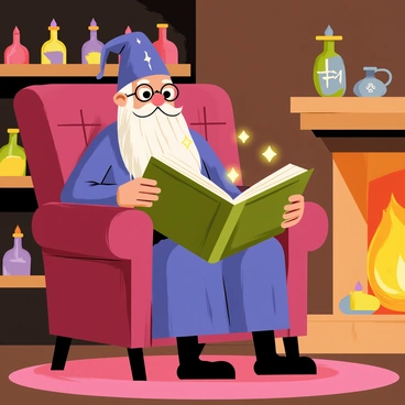 A wizard with long white hair and a beard, wearing round glasses, is sitting in a cozy armchair. The armchair is upholstered in rich burgundy fabric and is positioned next to a warm, crackling fireplace. The room features wooden shelves lined with various colorful potions and ancient tomes. The wizard is deeply engrossed in a large mystical book held open on his lap, with glowing symbols emanating from the pages. Soft, flickering light from the fire casts gentle shadows around the room, enhancing the warm atmosphere. A plush rug lies beneath the chair, adding to the comfort of the setting.