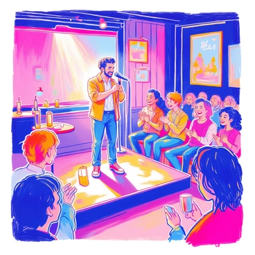 A comedian with a microphone is standing on a stage. He has a broad smile, wearing a casual shirt and jeans. The spotlight illuminates him, casting a warm glow. In front of him, an audience is seated, all laughing and clapping. The audience members display a range of expressions, from wide smiles to hearty laughter. The walls of the comedy club are decorated with posters and the lighting creates a cozy atmosphere. There are tables with drinks scattered around, and a few patrons are leaning forward, clearly enjoying the performance.