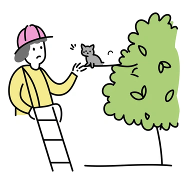 A firefighter, wearing a bright red helmet and a yellow uniform, is perched on a sturdy ladder. He is reaching out with one hand to gently grasp a tiny, fluffy grey kitten sitting on a green tree branch. The tree is lush with vibrant green leaves surrounding the branch. The firefighter has a focused expression, showing concern for the kitten's safety, while the kitten looks wide-eyed and slightly scared. The ground below is dappled with sunlight filtering through the tree canopy.