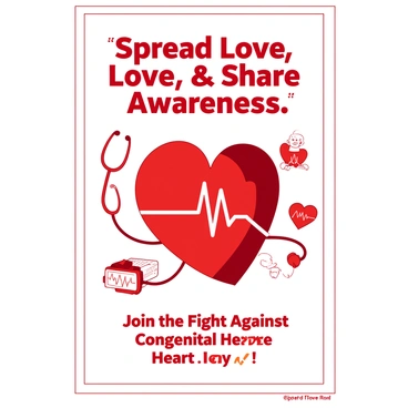 A white campaign poster promoting awareness of congenital heart disease. In the center, there is a large red heart symbol with an illustration of a heartbeat line running through it. Surrounding the heart, there are various smaller icons such as a stethoscope, an ECG machine, and a child playing, all in red and white. Across the top, the slogan "Spread Love, Share Awareness" is prominently displayed in bold red letters. At the bottom, in smaller font, the text "Join the Fight Against Congenital Heart Disease" is printed in red as well.