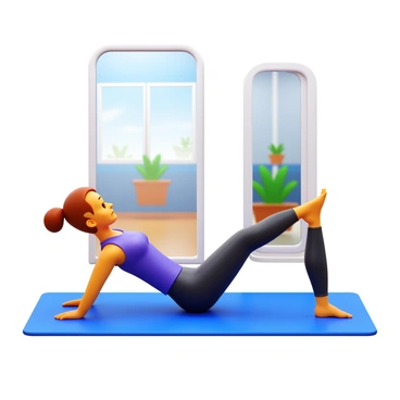 A person performing clamshell exercises on a yoga mat while checking their form in a full-length mirror. The individual is wearing athletic clothing, including a fitted tank top and leggings. They are positioned on their side, with one leg raised at a right angle, while their other leg remains on the mat. The mirror reflects the person's focused expression and the exercise form. In the background, there is a well-lit gym environment with exercise equipment and a few potted plants.