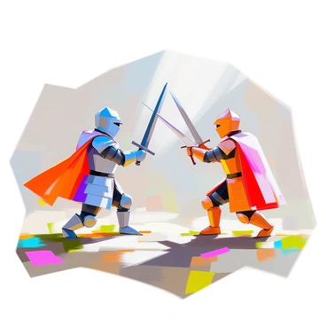 Two origami knights, intricately folded from colorful paper, stand poised in a playful duel. The first knight, adorned in a vibrant blue armor, holds a sharp paper sword aloft, ready to strike. The second knight, wearing a striking red armor, counters with his own elegantly folded sword, demonstrating their friendly competition. They are positioned on a flat surface that resembles a grassy field, with shadows cast dramatically beneath them, highlighting their forms. The delicate creases of the paper and the textures of the colors enhance the overall appeal of the scene.