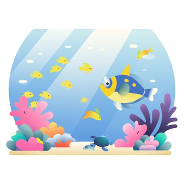 An underwater world showcases a variety of vibrant fish swimming among colorful coral reefs. The scene features a school of small, bright yellow fish darting through the water, with a large, majestic blue and yellow fish gliding gracefully nearby. Various shapes and colors of coral, including pink, orange, and purple, create a stunning backdrop. Sunlight filters down from the surface, casting dappled light patterns on the sandy ocean floor. A few small sea turtles can be seen slowly moving through the scene, adding to the liveliness of the underwater landscape.