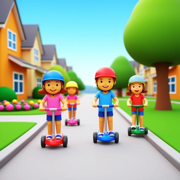 A group of children riding scooters on a smooth sidewalk. The kids are wearing helmets for safety. Brightly colored scooters, in shades of red, blue, and green, are being used by the children. The suburban neighborhood features well-maintained houses with vibrant lawns. Flowerbeds with blooming flowers add color to the scene. Trees provide shade along the sidewalk, and a clear blue sky fills the background. The children's faces display joy and excitement.