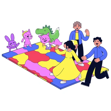 A vibrant dance floor with colorful tiles that alternate between red, yellow, and blue. On one side of the floor, there are cartoon characters, including a cheerful purple bunny with big ears, a playful green dinosaur with a wide smile, and a bright pink fox wearing a small hat. On the opposite side, there are illustrated dancers, featuring a woman in a flowing yellow dress and a man in a blue shirt with black pants. The dancers are in mid-motion, expressing joy as they dance. The overall scene is lively and full of energy, capturing the excitement of a dance party.