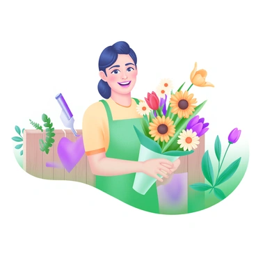 A proud gardener stands with a broad smile, holding a vibrant bouquet of freshly picked flowers. The bouquet features a variety of blossoms including sunflowers, daisies, and tulips, all in bright, cheerful colors. The gardener is wearing a light green apron, and their hands are gently cradling the bouquet. In the background, there are lush green plants and a wooden fence, creating a warm and inviting atmosphere. The image resembles a "carte de visite" format, emphasizing the gardener and their beautiful floral arrangement.