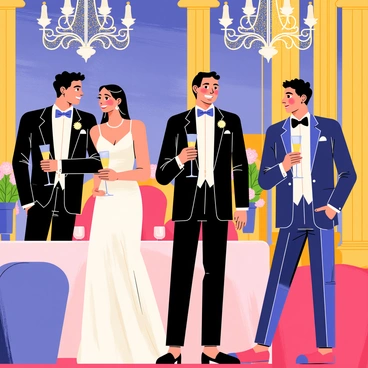 An opulent gala evening featuring elegantly dressed attendees in formal attire. The men wear tailored suits and the women don luxurious evening gowns. The venue is adorned with sparkling decor, including shimmering chandeliers hanging from the ceiling and glittering table centerpieces. Guests hold crystal glasses filled with champagne, and there are plush seating areas with rich fabrics. The atmosphere is filled with laughter and conversation, creating a lively and festive scene.