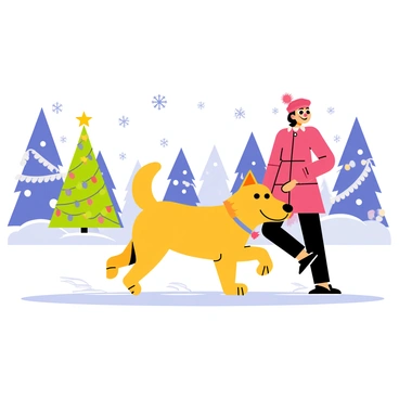 A dog with a fluffy golden coat is playfully bounding through a snow-covered park. Its owner, a person wearing a red winter coat and a matching hat, walks alongside, smiling joyfully. They are surrounded by snow-laden trees that sparkle with colorful Christmas lights. In the background, there is a beautifully decorated Christmas tree with glowing ornaments and a star on top. The ground is blanketed in thick, white snow, and gentle snowflakes are falling from the sky, adding to the festive atmosphere.