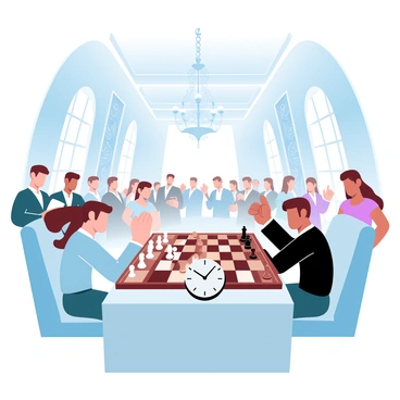 A historic chess match is taking place in a grand hall with high ceilings and elaborate chandeliers. Two chess players are seated at a large wooden chessboard, deep in concentration over their pieces. The players are wearing formal attire. Surrounding them are elegantly dressed spectators watching closely, with some taking notes. Ornate tapestries hang on the walls, and large windows let in soft, diffused light, illuminating the scene. A large clock sits on the table next to the chessboard, marking the time of the match.