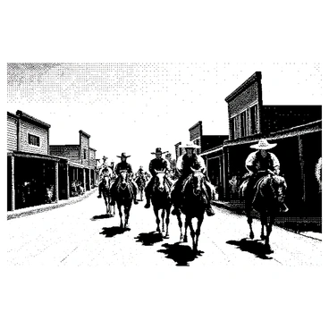A dusty wild west town is depicted under a clear sky. The main street is lined with wooden buildings, including a large saloon with a swinging door. A few cowboys on horseback are riding along the street. The cowboys are wearing wide-brimmed hats and bandanas. Some have lariats coiled at their sides. Dust swirls around their horses' hooves as they move. The overall scene captures the essence of a bustling western settlement.