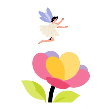 A tiny fairy with delicate wings is fluttering gracefully above a vibrant flower. The fairy is wearing a dress made entirely of white daisy petals, each petal intricately layered to create a whimsical appearance. Her wings are shimmering with hues of lavender and blue, reflecting light as she moves. Below her, a large, colorful flower in full bloom serves as the backdrop, its petals radiating shades of pink and yellow. The scene conveys a sense of enchantment as the fairy hovers playfully in mid-air.