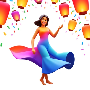An ectomorph person with a slender build is dancing joyfully. The individual has flowing, colorful clothing that sways with the movement. In the background, there are vibrant lanterns of various shapes and sizes, illuminating the scene with warm, glowing light. The festival atmosphere is energetic, with confetti and streamers floating in the air around them. The person's expression reflects happiness and freedom as they move to the rhythm of the celebration.