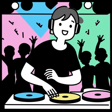 A DJ, wearing headphones and a black t-shirt, is standing behind a turntable setup. He is focused on mixing tracks, with vinyl records in front of him. The scene is illuminated by colorful lights in shades of blue, pink, and green, creating an energetic atmosphere. In the background, silhouettes of people are dancing, raising their hands, and enjoying the music. The walls of the nightclub are adorned with abstract shapes that reflect the vibrant lighting.