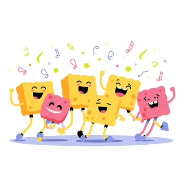 A group of cartoon sponges having a dance party with colorful lights and music notes.