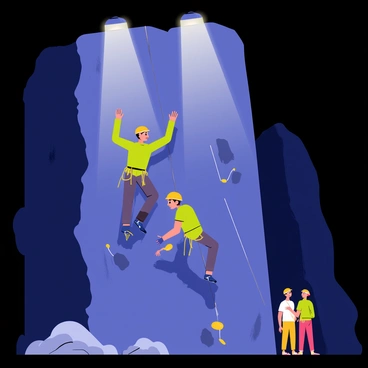 A nighttime climbing scene featuring two climbers ascending a vertical rock wall. The climbers wear bright helmets and headlamps that cast a warm glow on their faces. The climbing wall is rugged with various holds, and it is illuminated by multiple overhead lights creating a stark contrast against the dark background. One climber is reaching for a hold above, while the other is carefully placing their foot on a foothold. Shadows dance around them, adding depth to the scene. A few boulders are scattered at the base of the wall, and a small group of spectators is watching in the background.