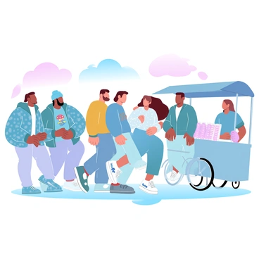 A bustling street scene filled with a diverse group of people wearing vibrant and eclectic streetwear. One person is wearing a brightly patterned oversized jacket, while another is in a colorful graphic t-shirt paired with unique cargo pants. A third individual sports a bold beanie and stylish sneakers. In the background, a food vendor cart displays an array of snacks, and a couple of bicycles are parked nearby. The atmosphere is lively, with people walking, chatting, and enjoying the vibrant surroundings.