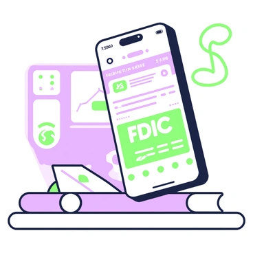 A smartphone is positioned on a flat surface, showcasing a digital banking app open on its screen. The app interface displays various banking features such as account balances and transaction history. Prominently featured on the screen is an "FDIC" badge, symbolizing federal insurance. The smartphone is sleek and modern, with a thin bezel. Light reflects off the screen, highlighting the details of the app. In the background, a blurred image of a home office setting is visible, adding context to the use of the banking app.