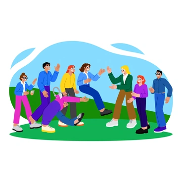 A diverse group of five colleagues is engaged in a team-building exercise featuring a trust fall. One colleague, a woman with short brown hair wearing a blue shirt, is falling backward with her eyes closed, trusting her teammates to catch her. In front of her, two colleagues, a man with curly black hair and a woman with long straight blonde hair, are positioned ready to catch her, both with focused expressions. To the side, another man with glasses is cheering enthusiastically, while a woman with wavy red hair is clapping her hands in encouragement. The scene takes place in a grassy outdoor setting under a clear blue sky.