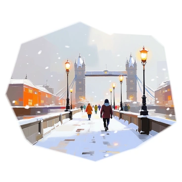 A snowy scene featuring London Bridge covered with fresh, white snow. The bridge arches gracefully over the River Thames, its iconic towers standing tall against the winter sky. Snowflakes gently fall from the overcast sky, settling on the bridge and the surrounding landscape. In the foreground, snow-covered lampposts line the walkway, while a few pedestrians in winter attire walk across the bridge, leaving footprints in the fresh snow. The river below reflects the muted tones of the icy scene, and a dusting of snow clings to the nearby buildings, completing the winter atmosphere.