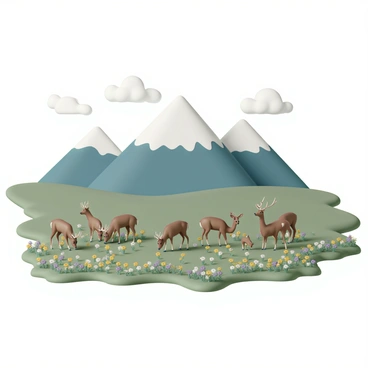 A vast mountain meadow filled with vibrant wildflowers in various colors, including yellow, purple, and white. In the foreground, several deer are grazing peacefully on the lush green grass. The deer are a mix of mature bucks with antlers and delicate does, all blending harmoniously with the blooming flowers. In the background, towering mountains rise majestically, their peaks dusted with snow. The sky above is clear with a few fluffy white clouds scattered across it.