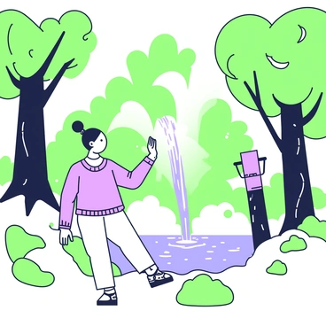 A person is practicing tai chi next to a cascading waterfall in a dense forest. The individual is wearing a loose-fitting outfit suitable for exercise, with a calm expression on their face. Water flows down the rocks nearby, creating an arc as it splashes into the pool below. Surrounding the scene are tall trees with thick trunks and lush foliage that frame the area. Sunlight filters through the leaves, creating dappled light patterns on the ground. The sound of water enhances the serene atmosphere of the moment.