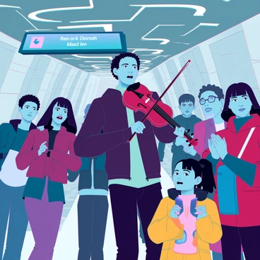 A street musician with short, curly hair and wearing a black leather jacket is passionately playing a violin in a subway station. He has an intense expression as he focuses on the music. A small crowd of diverse individuals is gathered around him, some clapping, others swaying to the rhythm. The subway station has concrete walls and fluorescent lights, with a digital clock displaying the time in the background. A few people hold smartphones to capture the moment, while a child in a bright yellow coat looks up in awe at the musician.