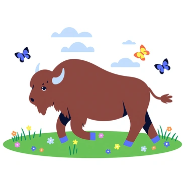 A large bison stands in a green meadow. The bison has a thick, brown shaggy coat and prominent horns curving upwards. Surrounding the bison, there is a lively swarm of colorful butterflies in various shades of blue, orange, and yellow. The meadow is dotted with small wildflowers in vibrant colors, adding to the beauty of the scene. A clear blue sky can be seen overhead, completing the tranquil setting.