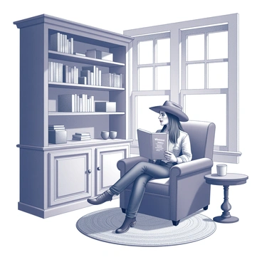 A corner of a ranch house is designed as a library. This area features a wooden bookshelf filled with various books, including one titled "Western History" being held by a cowgirl. The cowgirl is depicted sitting comfortably in a plush armchair, wearing a classic cowboy hat and denim attire. Sunlight filters through a nearby window, casting soft shadows on the floor. A small wooden side table next to the chair holds a steaming mug, and a woven rug is laid out beneath the armchair, adding to the cozy atmosphere.