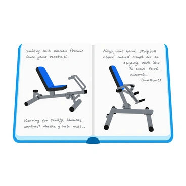 A journal page featuring a detailed sketch of a seated row machine, showcasing its structure with a seat, footrests, and handles. To the right of the sketch, there are neatly written notes detailing the exercise, including tips for form and technique. The notes are colorful, with bullet points, and highlighted text to emphasize key points. The journal page has a border with small illustrations of weights and dumbbells, adding to the fitness theme.