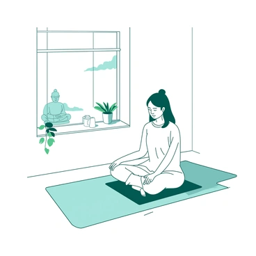 A white minimalistic zen room features a single person sitting cross-legged on a teal meditation cushion. The person is wearing comfortable loose-fitting clothes and has their eyes gently closed. Soft natural light filters through a small window, casting delicate shadows on the floor. In the background, there is a simple wooden shelf with a few green plants and a small buddha statue. The walls are bare, creating a serene and uncluttered atmosphere.