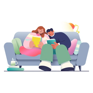 A couple with light skin is cuddled up together on a cozy gray couch, surrounded by plush throw pillows. The woman has long brown hair and is wearing a soft, oversized sweater in pastel colors, while the man has short black hair and is dressed in a navy blue shirt. Each of them is absorbed in their own book; the woman's book has a bright yellow cover, and the man's book features a deep green cover. A warm, dim lamp is casting a soft glow above them, and a small side table next to the couch holds a steaming mug of tea and a few more books stacked neatly.